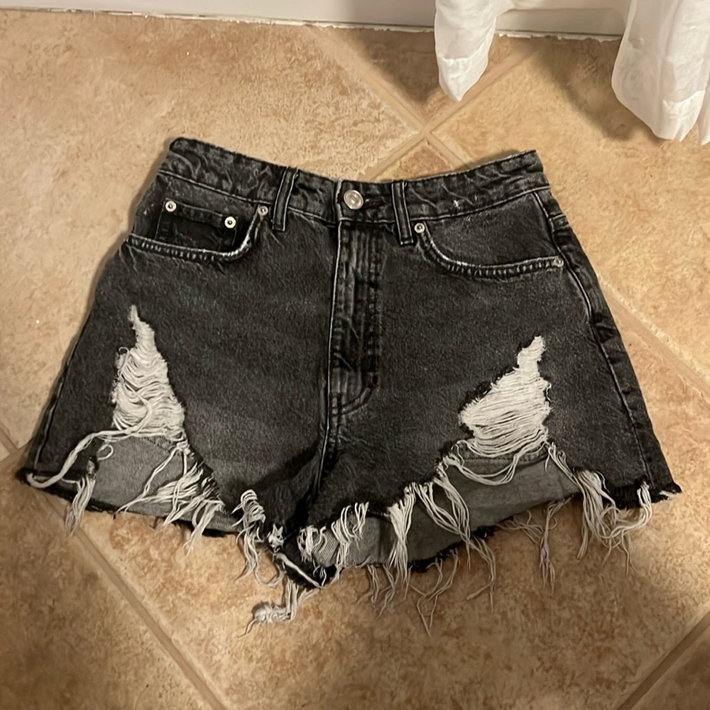 ZARA Black Jean Shorts Distressed Ripped